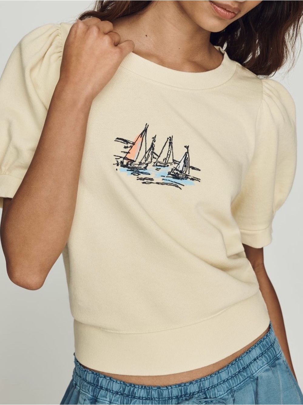 Anthropologie Maeve Cream Puff-Sleeve Embroidered Sailboat Top